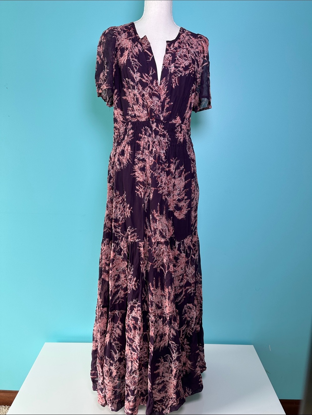 Anthropologie Purple Maxi Dress with Pink Floral Print